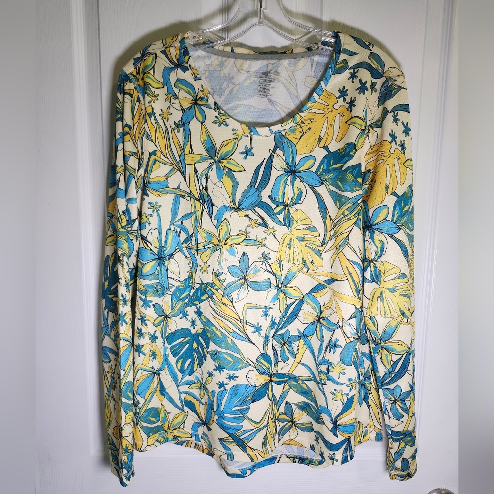 Reel Legends Freeline Blue Yellow Floral Long SL Fishing Outdoor Beach Top S LG